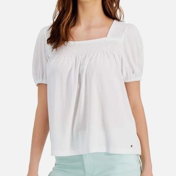 New Tommy Hilfiger Square Neck Smocked Shirt White Size XL - Picture 1 of 7